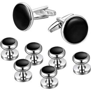Mens Cufflinks & Studs Set Tuxedo Shirts Classic Black&Silver Match for Business